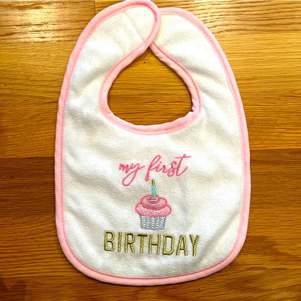 NEW. HB First Birthday Bib with cupcake embroidery, baby, infant.
